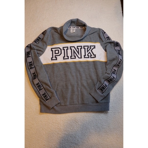 PINK Victoria's Secret Tops - Victoria's Secret PINK Funnel Neck Sweatshirt Gray Logo Tape Pullover Medium